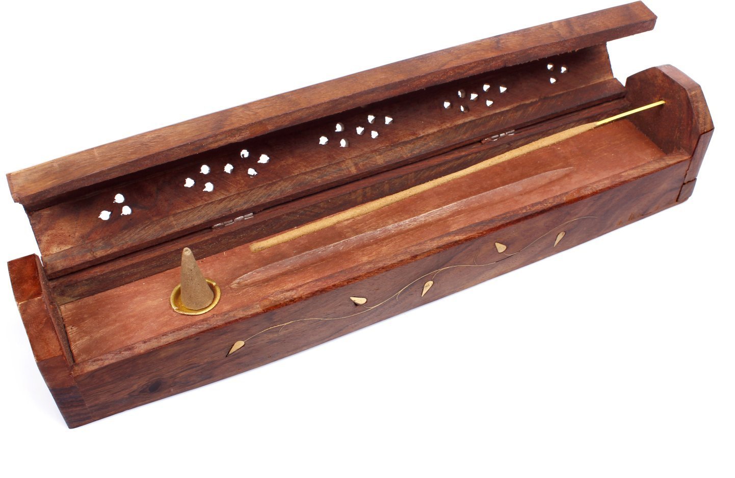Räucherstäbchen-Box aus Sheesham-Holz mit Kupfer Blumen-Ornament (LX2008)