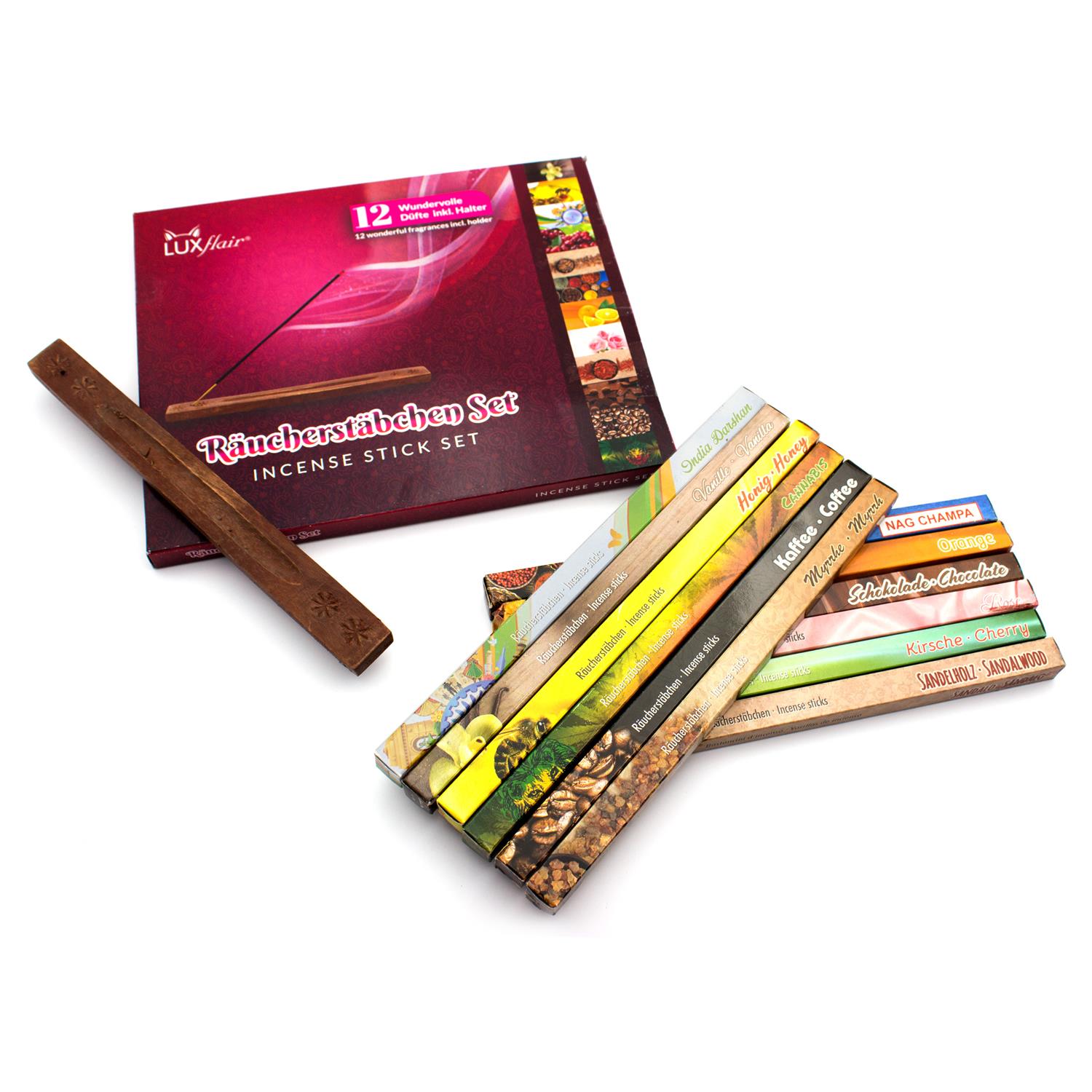 Räucherstäbchen Set für Einsteiger: 12 Düfte inkl. Räucherstäbchenhalter (LX2019)